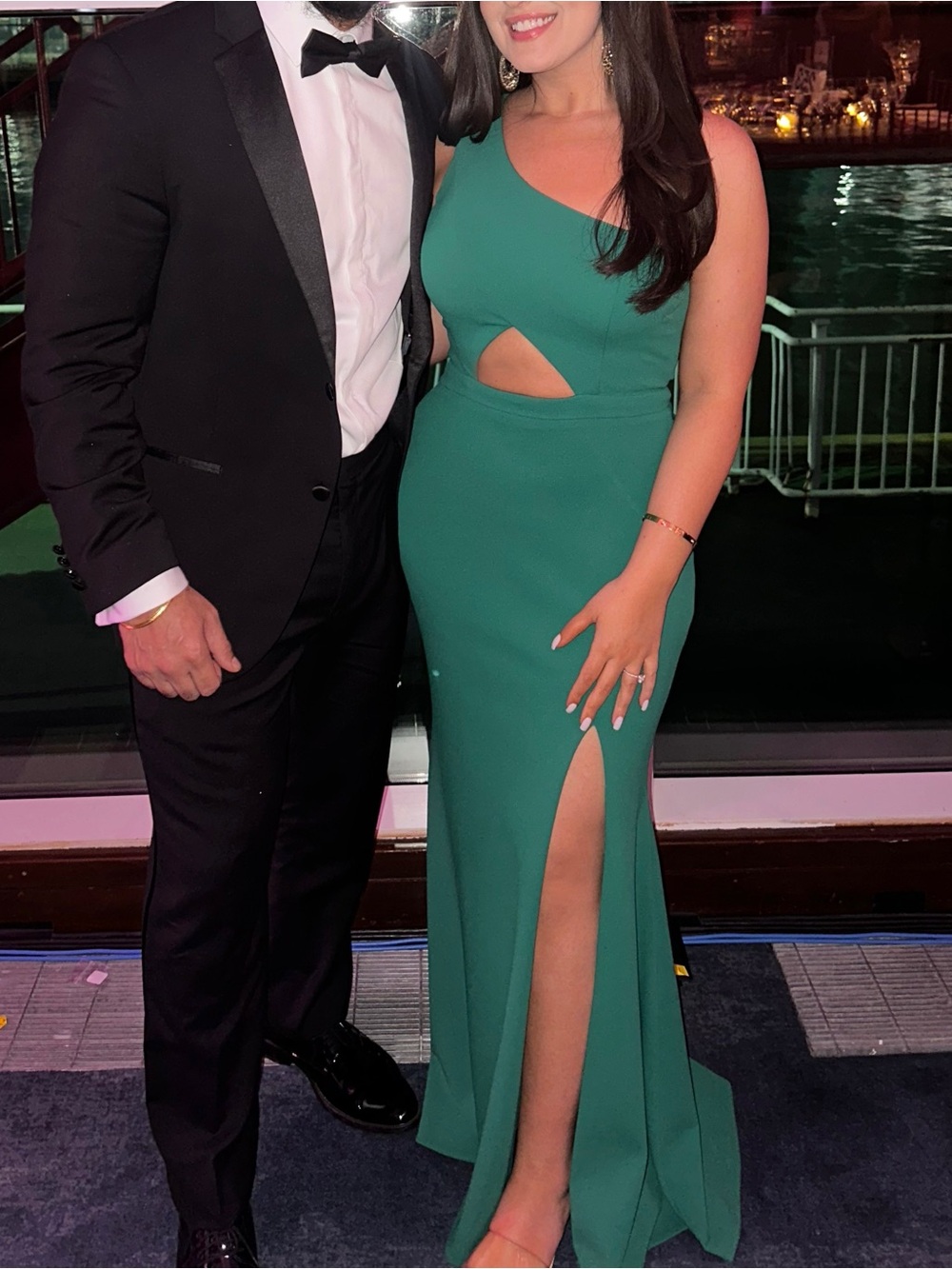 Aqua Emerald Green One-Shoulder Cutout Column Gown